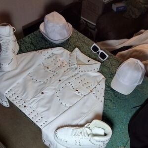 White leather with studds and rhinestones